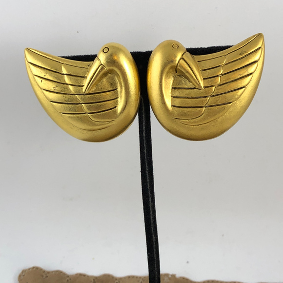 Laurel Burch Enameled Clip On Earrings Golden Swan - Picture 5 of 5